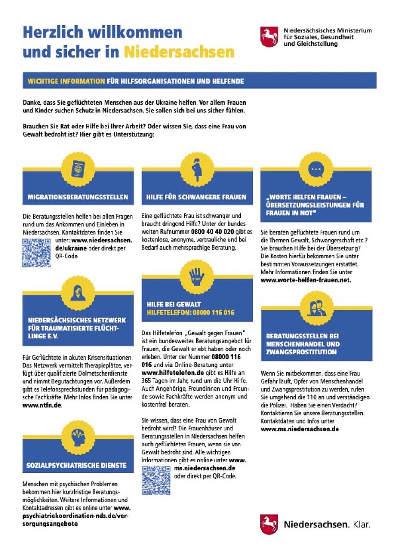 Flyer "Herzlich willkommen und sicher in Niedersachsen" Wichtige Info für Hilfsorganisationen und Helfende