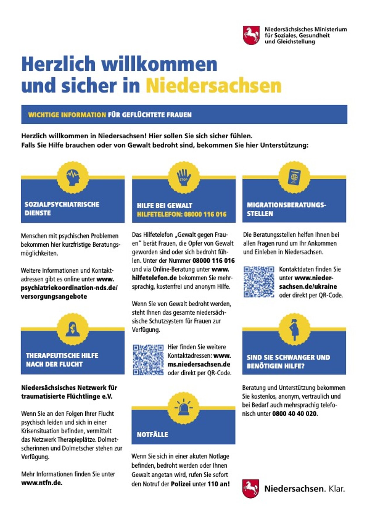 Flyer "Herzlich willkommen und sicher in Niedersachsen" Wichtige Info für geflüchtete Frauen (deutsch)